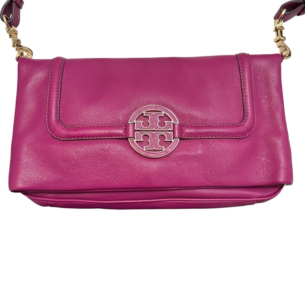 Tory Burch Amanda fold over flap messenger bag pink fushia leather